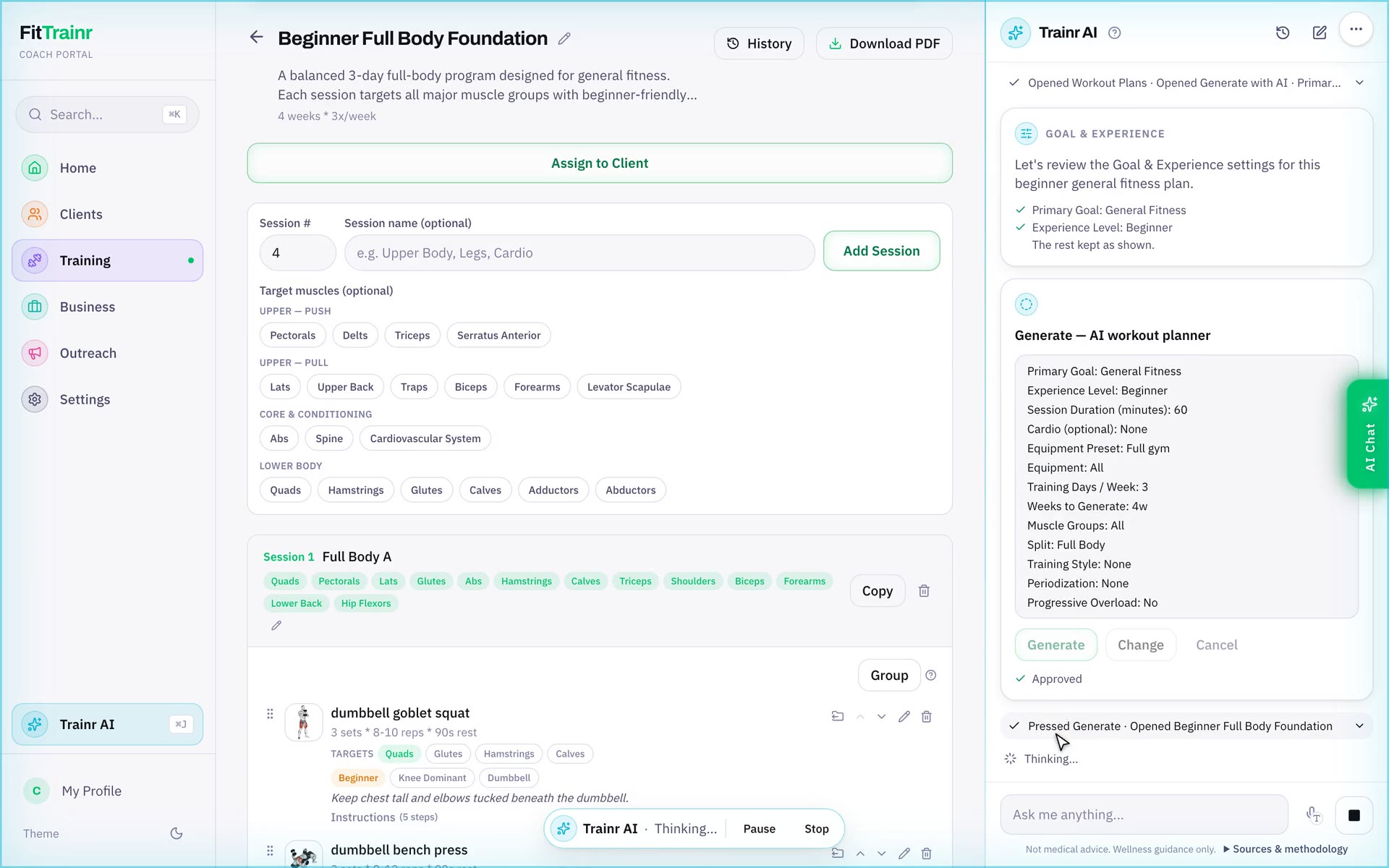 Trainr AI in FitTrainr: a coach asks for a three-day beginner workout plan; Trainr AI opens the AI planner, fills in the settings, asks the coach to confirm them, and generates the plan after the coach approves.