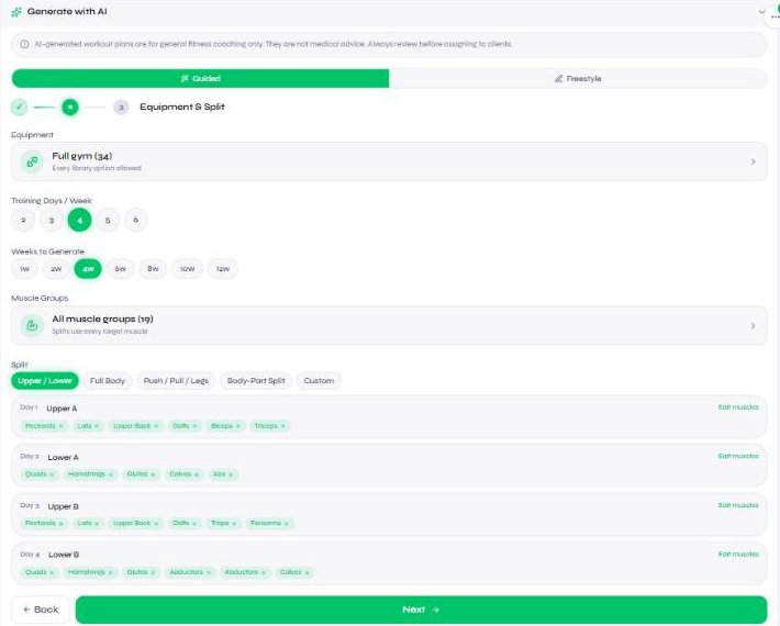FitTrainr's guided AI workout generation - equipment, training days, muscle groups, and an editable Upper/Lower split