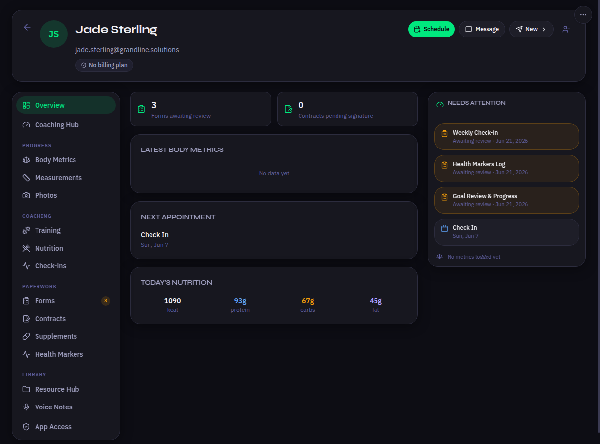 Client detail view showing nutrition tracking, upcoming appointments, forms review, and coaching navigation