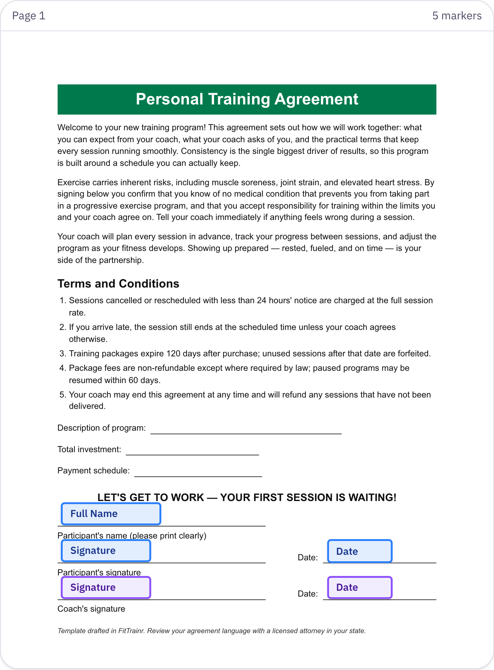 The FitTrainr contract editor with client and coach name, signature and date fields placed on an uploaded training agreement