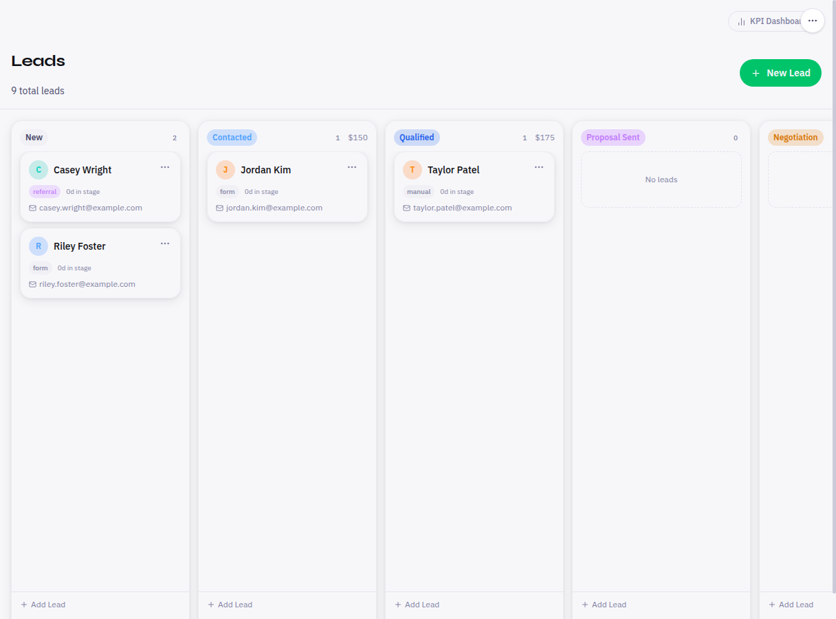 CRM lead pipeline with Kanban board showing leads across New, Contacted, Qualified, Proposal Sent, and Negotiation stages