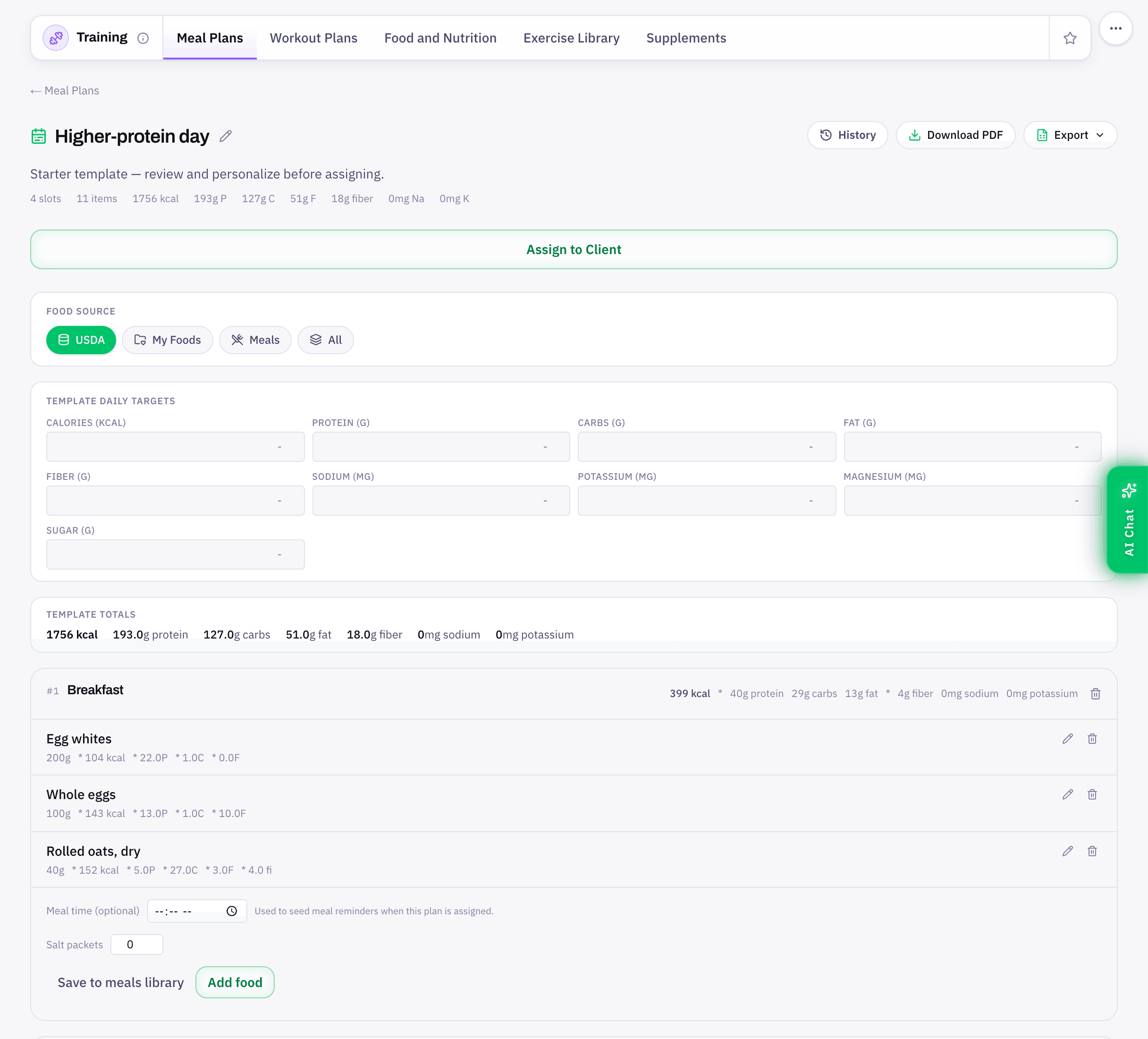 A FitTrainr meal template — the Higher-protein day starter — with live macro totals per meal and per day