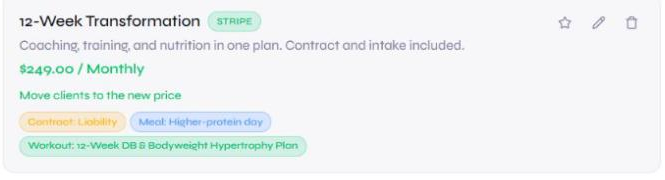 A Stripe billing package in FitTrainr - monthly price with an attached contract, meal plan, and workout plan