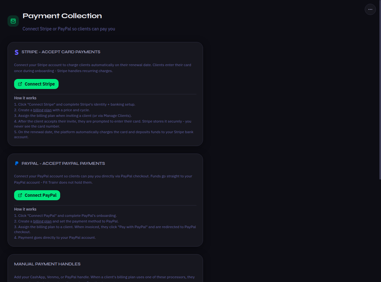 Payment collection setup showing Stripe, PayPal, and manual payment handle configuration