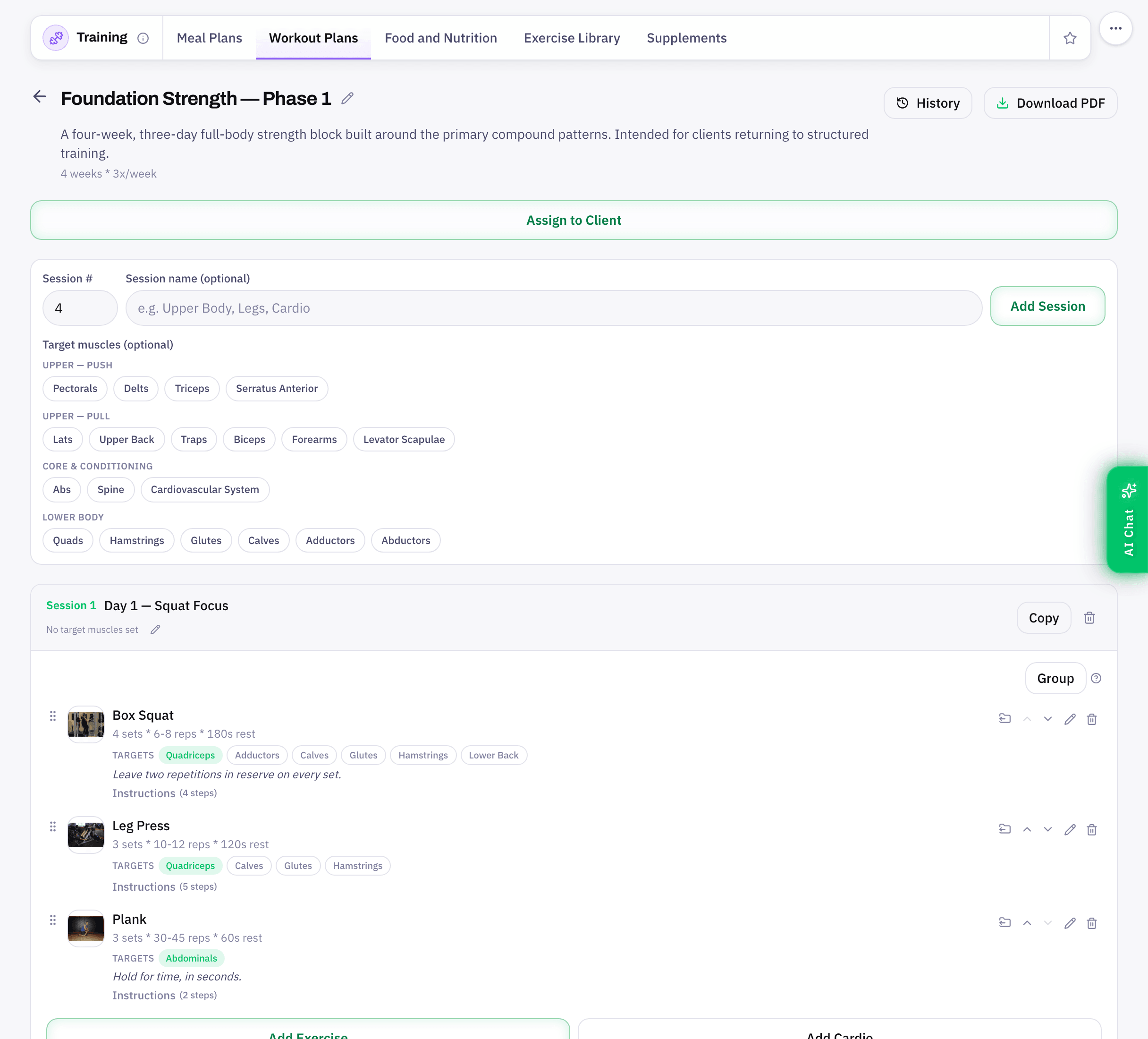 A FitTrainr four-week, three-day program open in the session builder, with target muscles and sets, reps and rest per exercise