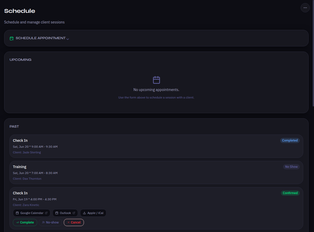 Appointment scheduling with upcoming and past sessions, calendar exports, and session status tracking