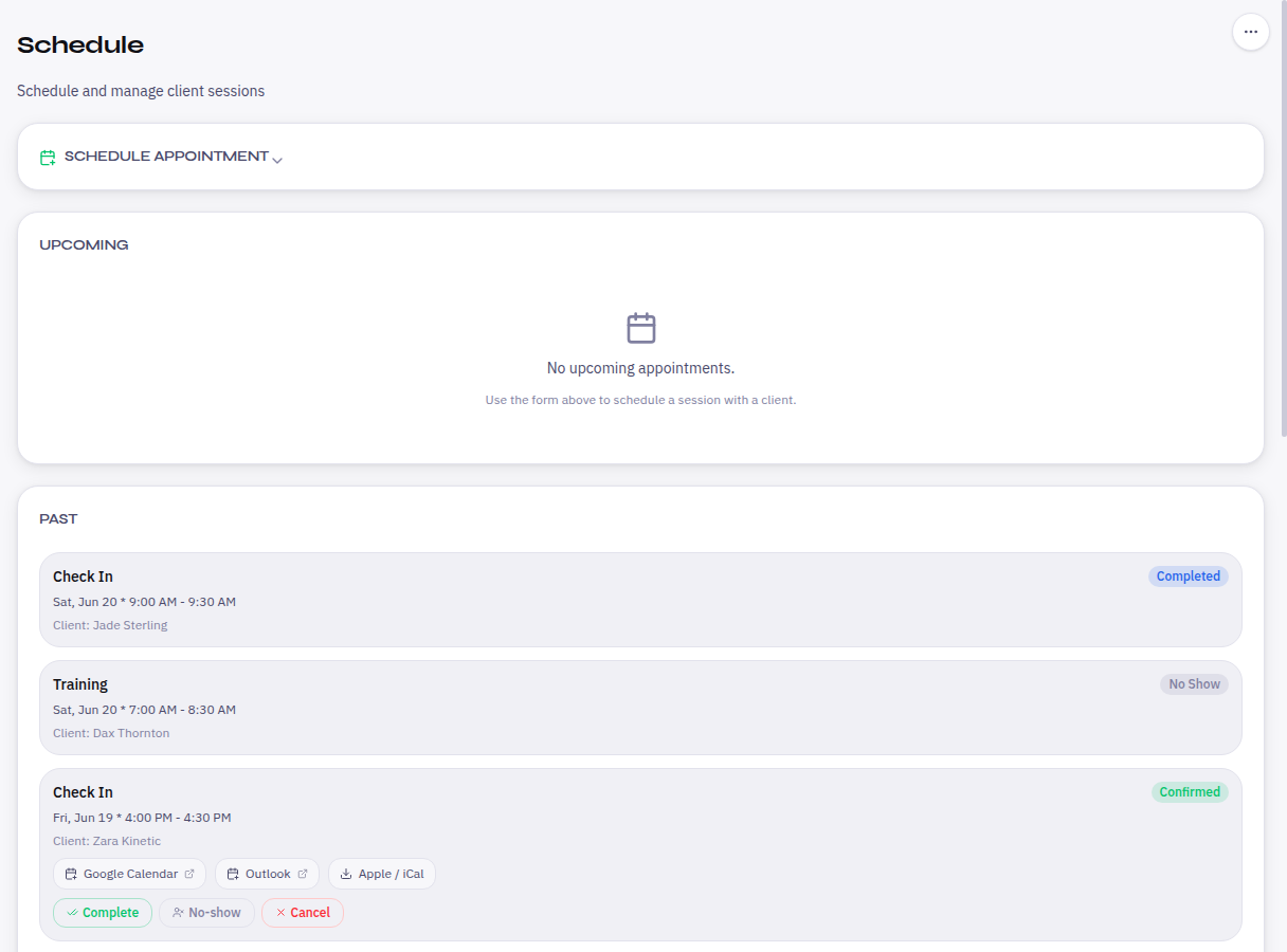 Appointment scheduling with upcoming and past sessions, calendar exports, and session status tracking