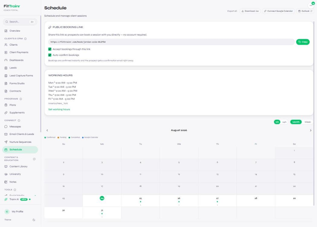 FitTrainr schedule — month view with booked client sessions, public booking link, and working hours
