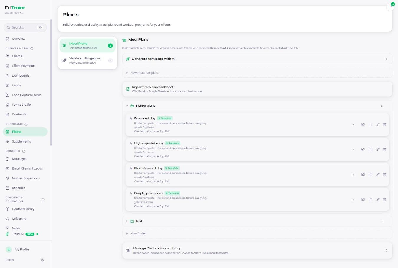 Starter plans inside FitTrainr — templates ready to review and personalize
